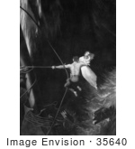 #35640 Stock Illustration Of A Man Flying Over Stormy Waters On A Rope Holding A Woman And Her Baby In His Arms While Saving Her From Drowning