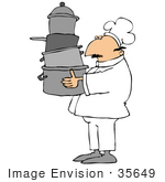 #35649 Clip Art Graphic Of A Tired Male Caucasian Chef In A White Uniform Carrying Pots To His Work Station In A Kitchen