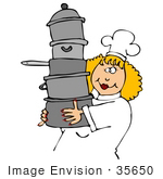 #35650 Clip Art Graphic Of A Friendly Female Caucasian Chef With Blond Hair Wearing A White Hat And Uniform Carrying A Stack Of Pots To Her Kitchen Work Station