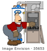 #35653 Clip Art Graphic Of A Caucasian Man Bending And Repairing A Furnace By A Water Heater