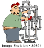 #35654 Clip Art Graphic Of A Caucasian Man With A Surprised Expression Adjusting Pipes And Caught With His Butt Crack Showing