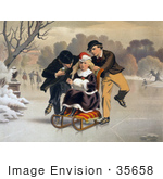 #35658 Stock Illustration Of Two Boys Flirting And Competing For The Love Of A Blond Girl Who They Are Pushing On A Sled As They Skate On Ice