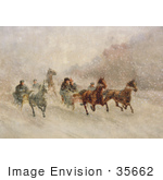 #35662 Stock Illustration Of People Racing On Horse Drawn Sleighs On A Snowing Winter Day