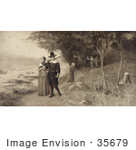 #35679 Stock Illustration Of A Man With A Rifle Leading A Woman Children And Other Pilgrims Along A Coastal Path