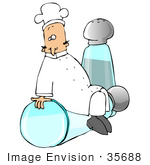 #35688 Clip Art Graphic Of A Male Caucasian Chef In A White Uniform And Hat Sitting On A Tipped Salt Shaker