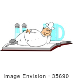 #35690 Clip Art Graphic Of A Male Caucasian Chef In A White Hat And Uniform Relaxing On Top Of A Recipe Book Salt And Pepper Shakers In The Background