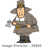 #35693 Clip Art Graphic Of A Male Caucasian Pilgrim Preparing To Kill A Turkey With An Ax