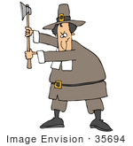 #35694 Clip Art Graphic Of A Male Caucasian Pilgrim Preparing To Kill A Turkey With An Ax That He’S Holding Above His Head