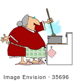 #35696 Clip Art Graphic Of A Chubby Grandmother In A Red Dress And Bunny Slippers Stirring Food While Cooking In The Kitchen
