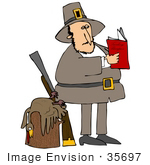 #35697 Clip Art Graphic Of A Pilgrim Man Standing By A Dead Turkey On A Stump And A Leaning Rifle Reading A Book