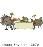 #35701 Clip Art Graphic Of A Family Of Turkey Birds Eating Thanksgiving Consisting Of Mashed Potatoes Veggies And Human