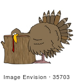 #35703 Clip Art Graphic Of A Helpless Turkey Bird With His Head On A Wood Stump