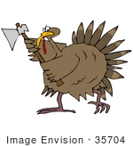 #35704 Clip Art Graphic Of A Turkey Bird Running With An Ax Defending Himself From Becoming Thanksgiving Dinner