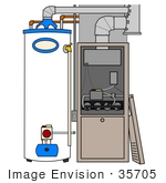 #35705 Clip Art Graphic Of A White And Blue Water Heater Beside A Furnace