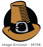 #35708 Clip Art Graphic Of A Brown Pilgrim Hat With A Black Band And Silver Buckle In Front Of A Black Circle