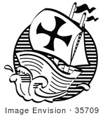 #35709 Clip Art Graphic of The Mayflower Pilgrim Ship Sailing Rough Seas, Black And White by Andy Nortnik
