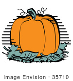 #35710 Clip Art Graphic Of A Big Orange Pumpkin With A Stem And Tendrils Surrounded By Fallen Autumn Leaves