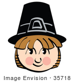 #35718 Clip Art Graphic Of A Friendly Brown Haired Pilgrim Boy Smiling And Wearing A Black Hat