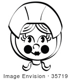 #35719 Clip Art Graphic Of A Young Pilgrim Girl Wearing A Bonnet On Her Head Black And White