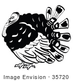 #35720 Clip Art Graphic of a Black And White Thanksgiving Turkey Bird With Big Feathers by Andy Nortnik