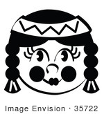 #35722 Clip Art Graphic of a Native American Indian Girl With With Braids, In Black And White by Andy Nortnik