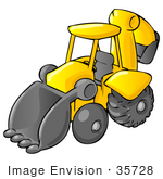#35728 Clip Art Graphic Of A Yellow And Black Backhoe Machine Parked In A Construction Zone
