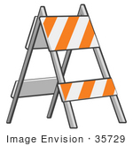 #35729 Clip Art Graphic Of A Barricade With Orange And White Stripes On The Side Of The Road At A Construction Site