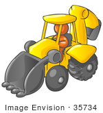 #35734 Clip Art Graphic Of An Orange Guy Character Driving A Yellow Backhoe