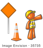 #35735 Clip Art Graphic Of An Orange Guy Character Working Road Construction Standing By A Sign And Cone Directing Traffic