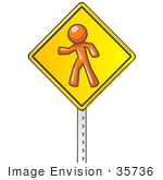 #35736 Clip Art Graphic Of An Orange Guy Character On A Yellow Pedestrian Crossing Sign