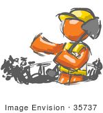 #35737 Clip Art Graphic Of A Painted Orange Guy Character Digging With A Shovel While Doing Road Work