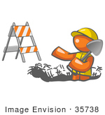 #35738 Clip Art Graphic Of An Orange Guy Character In A Hardhat Digging In The Road At A Construction Site