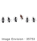 #35753 Clip Art Graphic Of Five Black And One Brown Sugar Ants In A Horizontal Row
