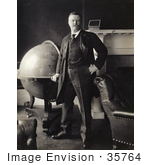 #35764 Stock Photo Of Theodore Roosevelt Standing By A Large Globe In Front Of A Fireplace With Sepia Toning