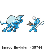 #35766 Clip Art Graphic Of A Sky Blue Guy Character Battling A Bull With A Whip