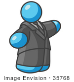 #35768 Clip Art Graphic Of A Sky Blue Guy Character In A Business Suit Pointing