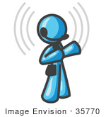 #35770 Clip Art Graphic Of A Sky Blue Guy Character Speaking On A Headset With Waves