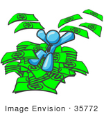#35772 Clip Art Graphic Of A Sky Blue Guy Character Jumping In A Pile Of Cash