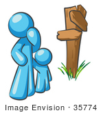 #35774 Clip Art Graphic Of A Sky Blue Guy Character And Child At A Crossroads