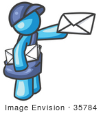 #35784 Clip Art Graphic Of A Sky Blue Guy Character Delivering Mail