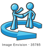 #35785 Clip Art Graphic Of Sky Blue Guy Characters Shaking Hands In An Arrow