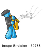 #35788 Clip Art Graphic Of A Sky Blue Guy Character Playing Jazz With A Saxophone