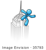 #35793 Clip Art Graphic Of A Sky Blue Guy Character On Top Of A Skyscraper