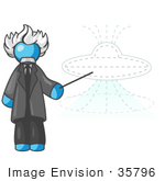 #35796 Clip Art Graphic Of A Sky Blue Guy Character As Einstein Pointing To A Ufo