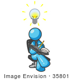 #35801 Clip Art Graphic Of A Sky Blue Guy Character Writing Ideas Down