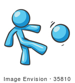 #35810 Clip Art Graphic of a Sky Blue Guy Character Kicking a Ball by Jester Arts
