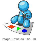 #35813 Clip Art Graphic Of A Sky Blue Guy Character Cutting Out Shapes