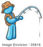 #35816 Clip Art Graphic Of A Sky Blue Guy Character Fishing