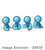 #35818 Clip Art Graphic Of A Sky Blue Guy Character In Four Poses Talking On A Headset