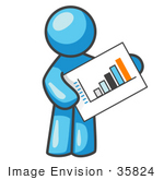 #35824 Clip Art Graphic of a Sky Blue Guy Character Holding a Bar Graph Chart by Jester Arts